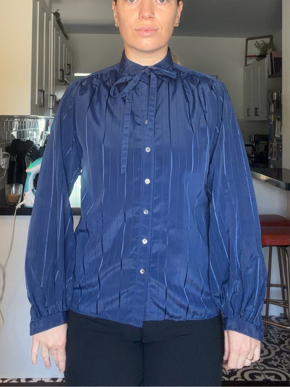 Women’s vintage 1970s Navy Long-Sleeve Blouse with bow detail